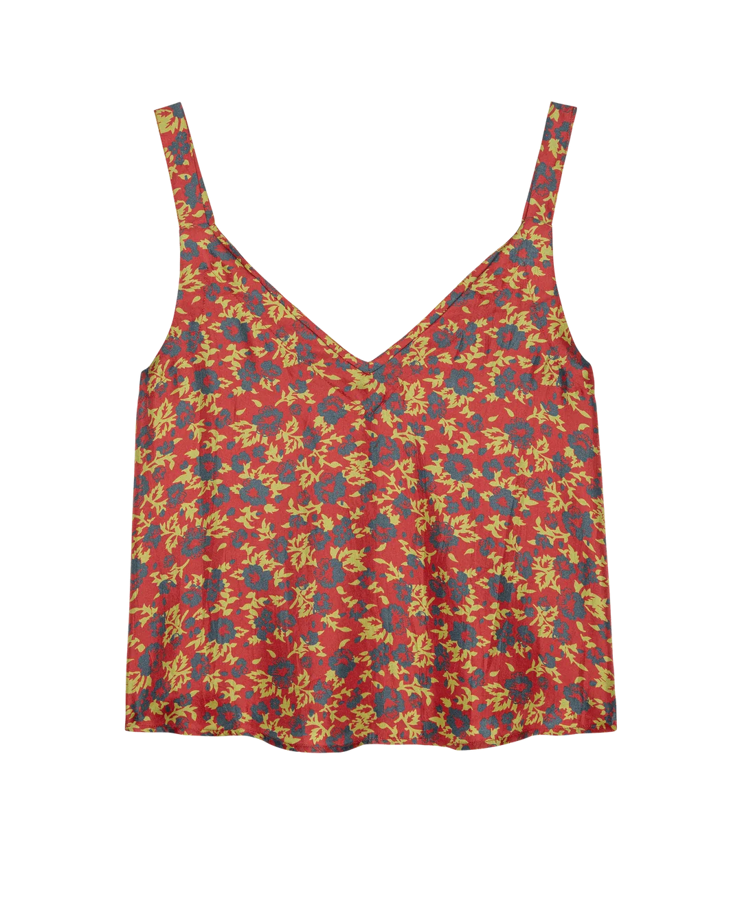 Red silk sleeveless top with yellow and blue Gilded Poppy print by The Great Inc.