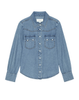 Light blue denim shirt with western yoke, chest pockets, and snaps by The Great Inc., the Howdy Top.