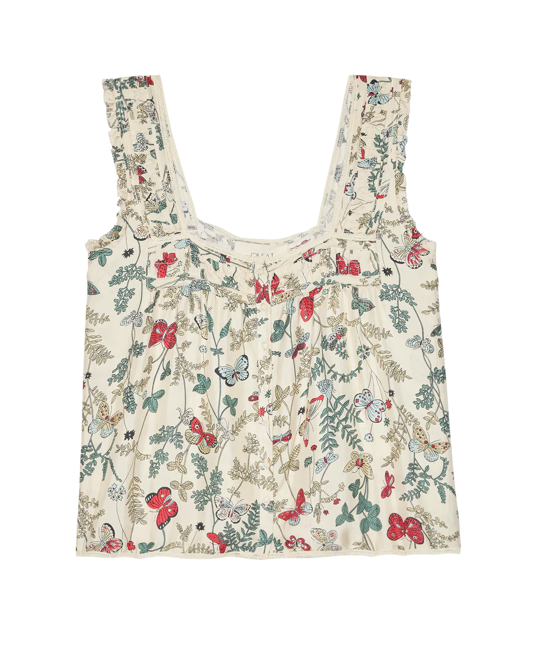 The Great Inc.'s Victorian Pleat Tank is a sleeveless, square-neck cream top with wide straps, showcasing a vintage rose and butterfly print in red, blue, and green on lightweight cotton. Slight gathers at the neckline add a delicate touch.