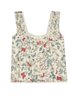 The Great Inc.'s Victorian Pleat Tank is a sleeveless, square-neck cream top with wide straps, showcasing a vintage rose and butterfly print in red, blue, and green on lightweight cotton. Slight gathers at the neckline add a delicate touch.