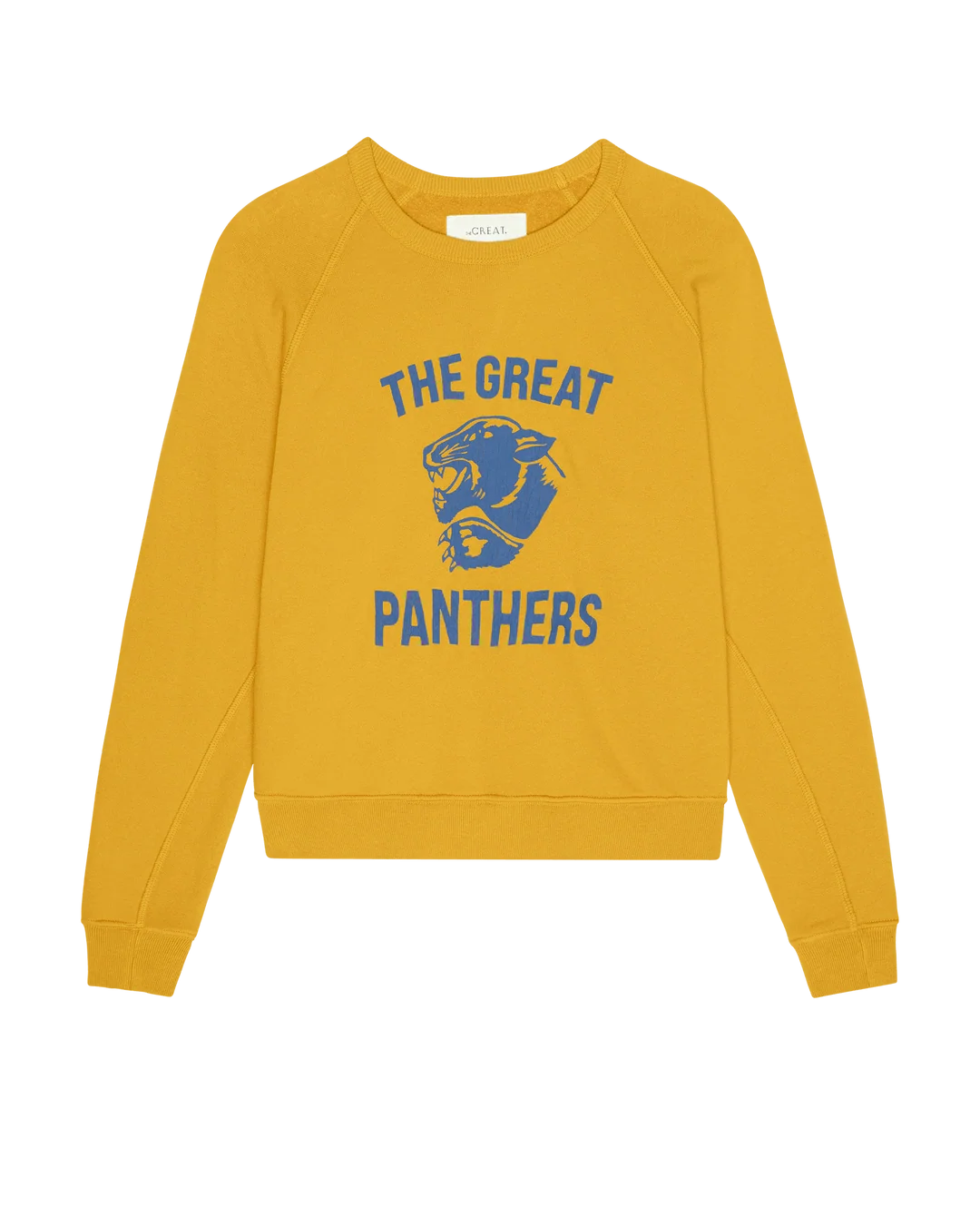 Mustard yellow fleece sweatshirt with blue vintage college graphics, The Great Inc. Rookie Growling Panther.