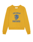 Mustard yellow fleece sweatshirt with blue vintage college graphics, The Great Inc. Rookie Growling Panther.