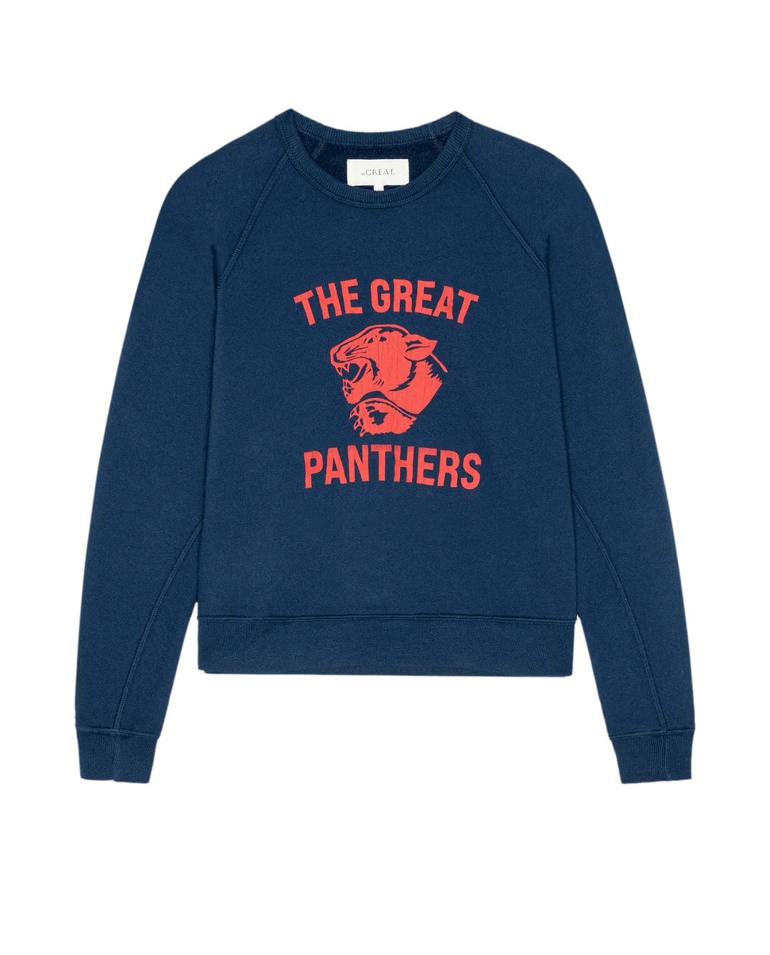 Navy fleece sweatshirt with bold vintage college graphics and red panther by The Great Inc., casual style.