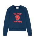 Navy fleece sweatshirt with bold vintage college graphics and red panther by The Great Inc., casual style.