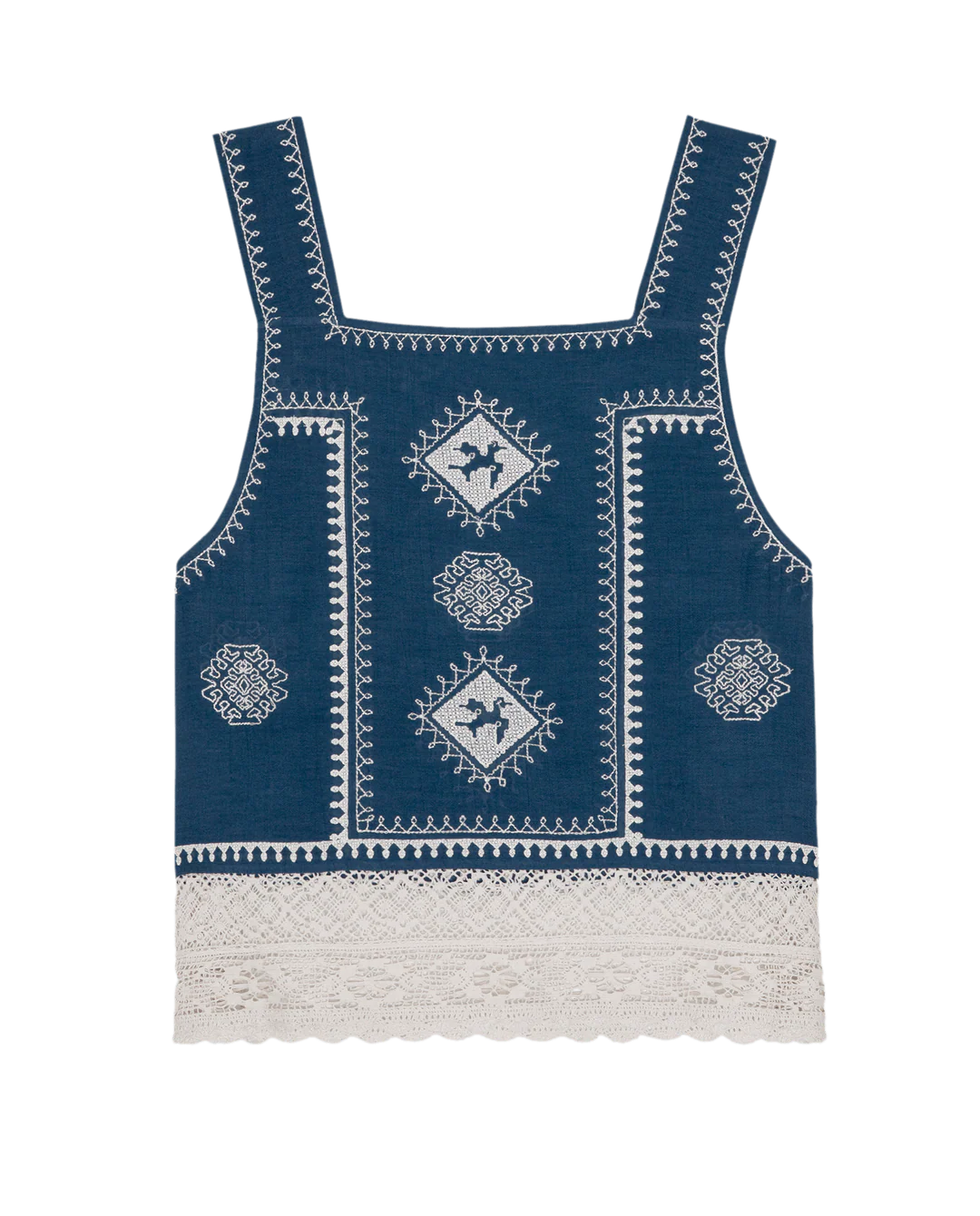 The Sparrow Tank by The Great Inc. is a vintage-inspired sleeveless blue top with white geometric embroidery, delicate cotton crochet lace at the hem, and square neckline and armholes for a timeless look.