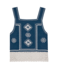 The Sparrow Tank by The Great Inc. is a vintage-inspired sleeveless blue top with white geometric embroidery, delicate cotton crochet lace at the hem, and square neckline and armholes for a timeless look.