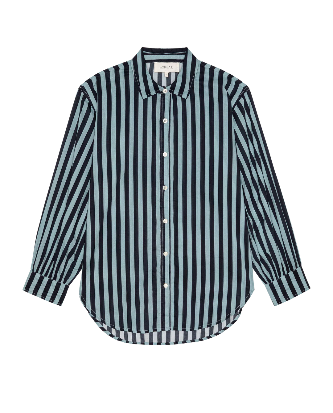 The Daily Button Up by The Great Inc. is a lightweight cotton shirt with vertical black and light blue stripes, long sleeves, a collar, classic menswear details, and white buttons, shown laid flat on a white background.