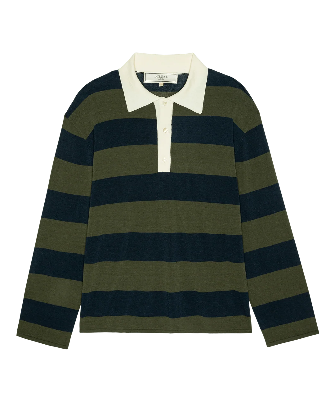 Olive green and black striped polo sweater with white collar, The Academy by The Great Inc.