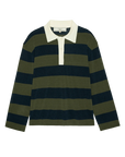 Olive green and black striped polo sweater with white collar, The Academy by The Great Inc.