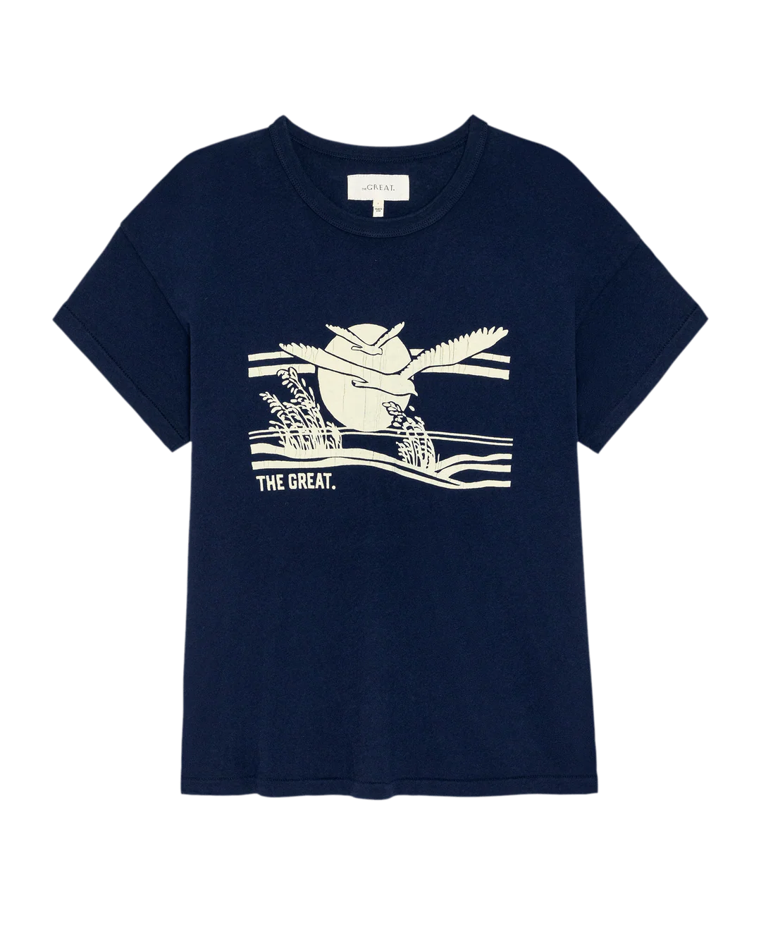The Boxy Crew w/ Everglade Graphic by The Great Inc.: a navy boxy crew T-shirt with a white line bird design over water and plants, "THE GREAT." printed below. Vintage-inspired, handcrafted in Los Angeles.