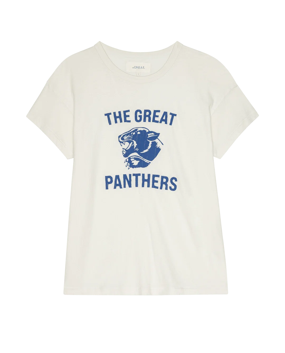 White vintage-style tee with bold blue panther graphic, The Great Inc. Boxy Crew Growling Panther.
