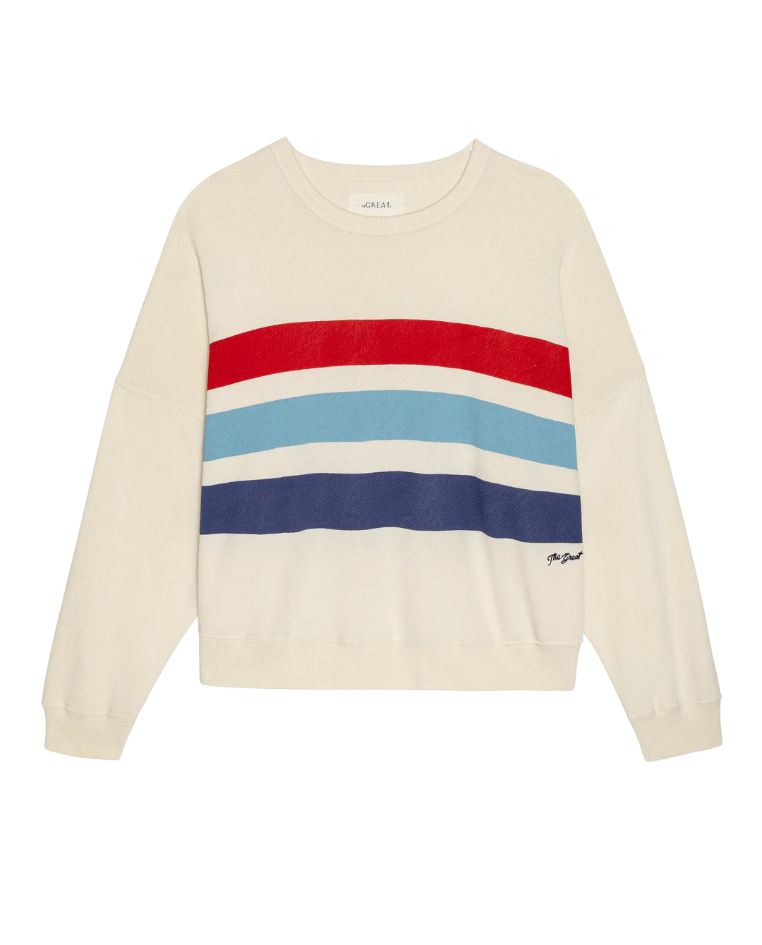 The Teammate w/saltwater Stripe by The Great Inc. is a cream-colored cropped sweatshirt with red, light blue, blue, and navy stripes across the chest and a small cursive logo near the lower right hem, handcrafted in Los Angeles.