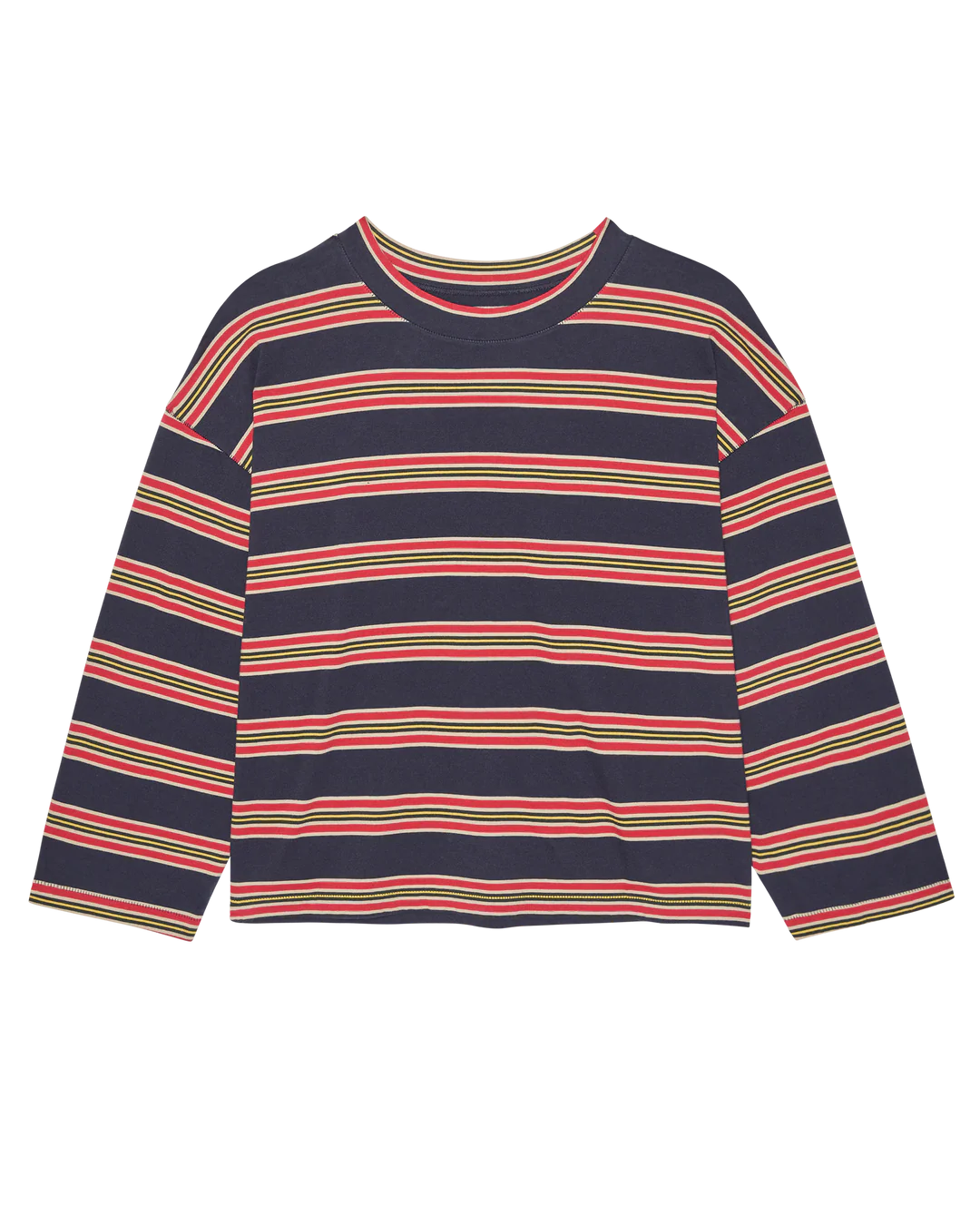 The Field Tee by The Great Inc. is a handcrafted, 100% cotton long-sleeve shirt with red, white, yellow, and green horizontal stripes on navy blue, made in Los Angeles.