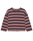 The Field Tee by The Great Inc. is a handcrafted, 100% cotton long-sleeve shirt with red, white, yellow, and green horizontal stripes on navy blue, made in Los Angeles.