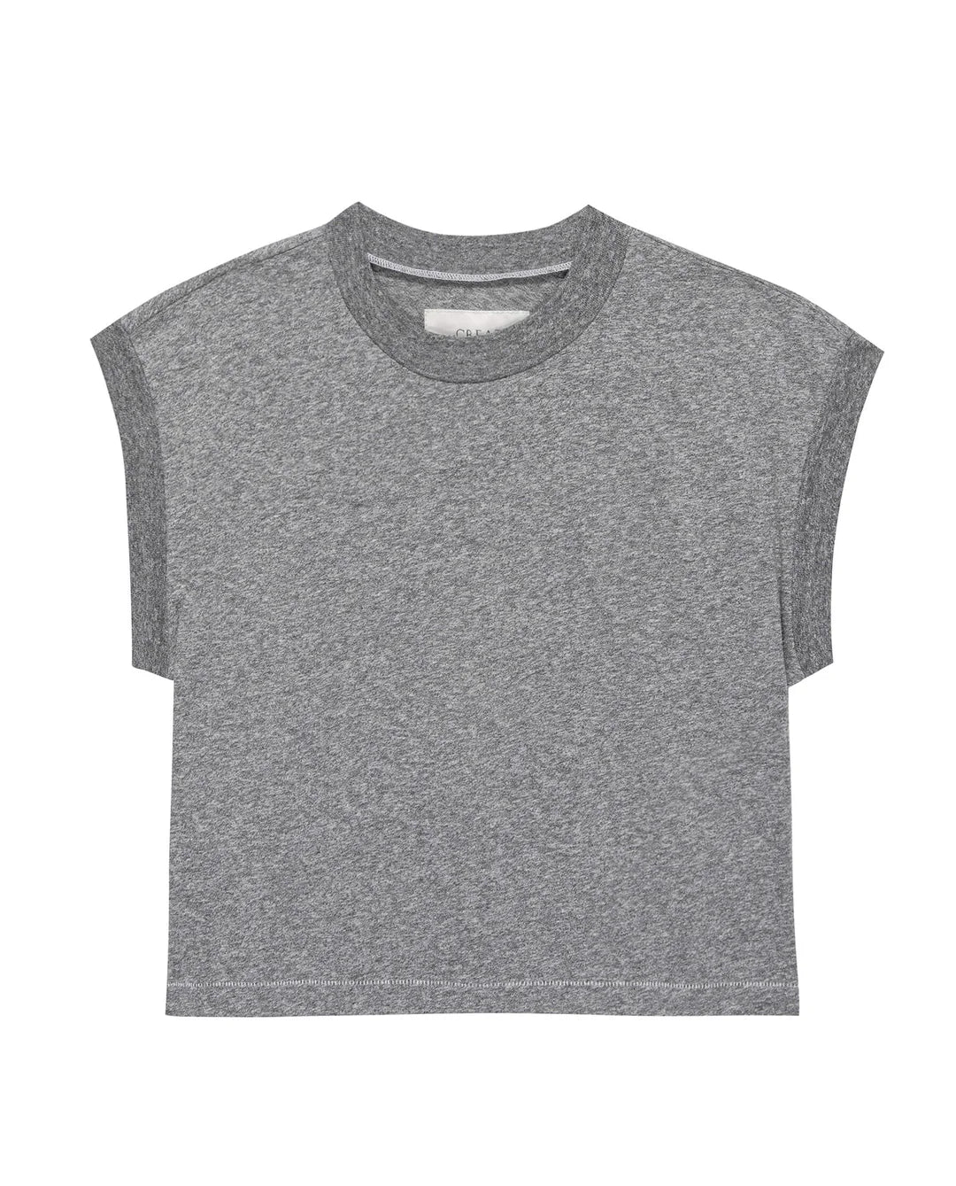 The Great Inc. Square Tee—a heather gray, cropped crew neck with short sleeves inspired by vintage athletic tees—lies flat on a white background. Ideal for pairing with high-waisted denim.