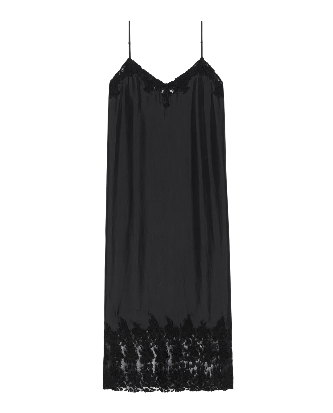 Black satin slip dress with thin straps and lace trim by The Great Inc., vintage-inspired style from Bungalow Furniture.