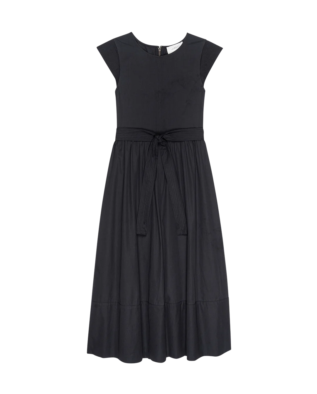 The Tulsa Dress by The Great Inc. is a black, short-sleeved dress with a flattering waist seam, fitted bodice with tied belt, and a flared knee-length skirt.