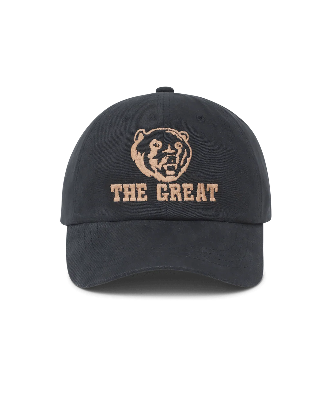 The Baseball Hat by The Great Inc. is a black cap with vintage chainstitch embroidery of a tan bear face above "THE GREAT" on the front, and features an adjustable strap for comfort.