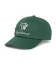 The Baseball Hat by The Great Inc. is a green cap with vintage chainstitch embroidery of a roaring tiger head and "The Great" in white on the front, plus an adjustable strap for comfort.
