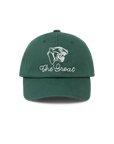 The Baseball Hat by The Great Inc. is a dark green baseball cap with vintage chainstitch embroidery of a roaring panther head and "The Great" in white thread on the front.