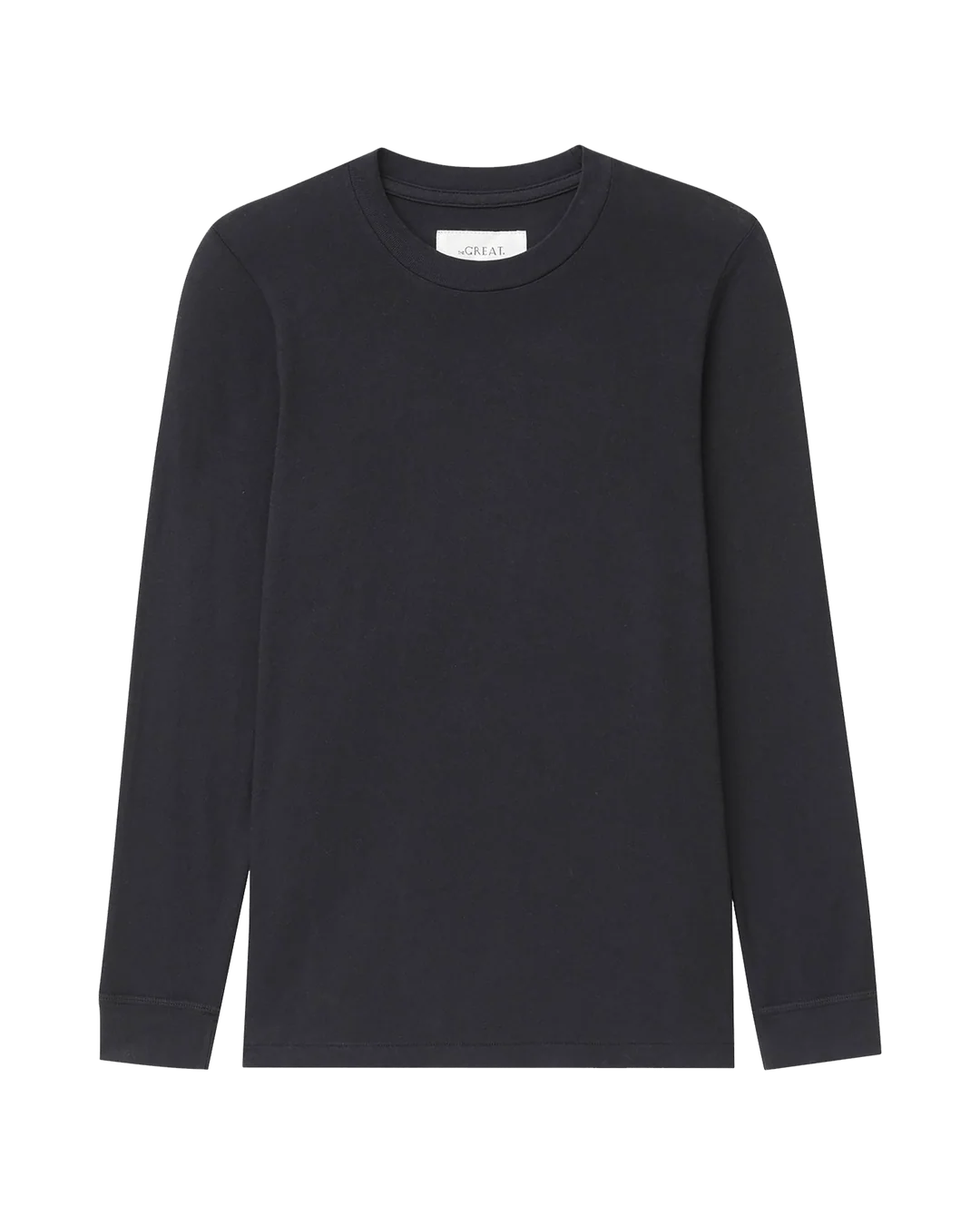 Slim black long sleeve tee laid flat, 100 cotton by The Great Inc., classic essential for casual wear.
