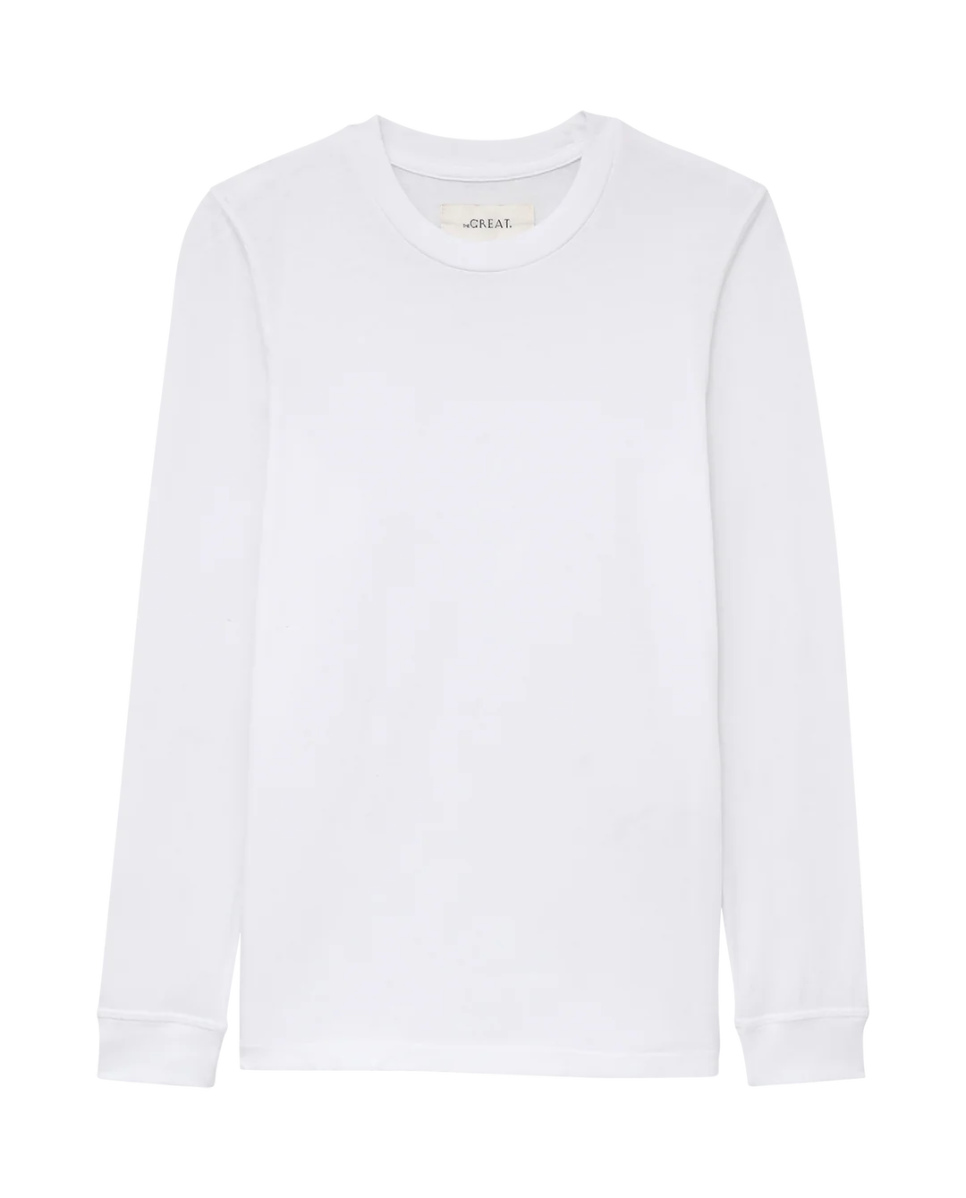 White long sleeve slim cotton tee with ribbed cuffs and crew neck by The Great Inc., made in the USA.