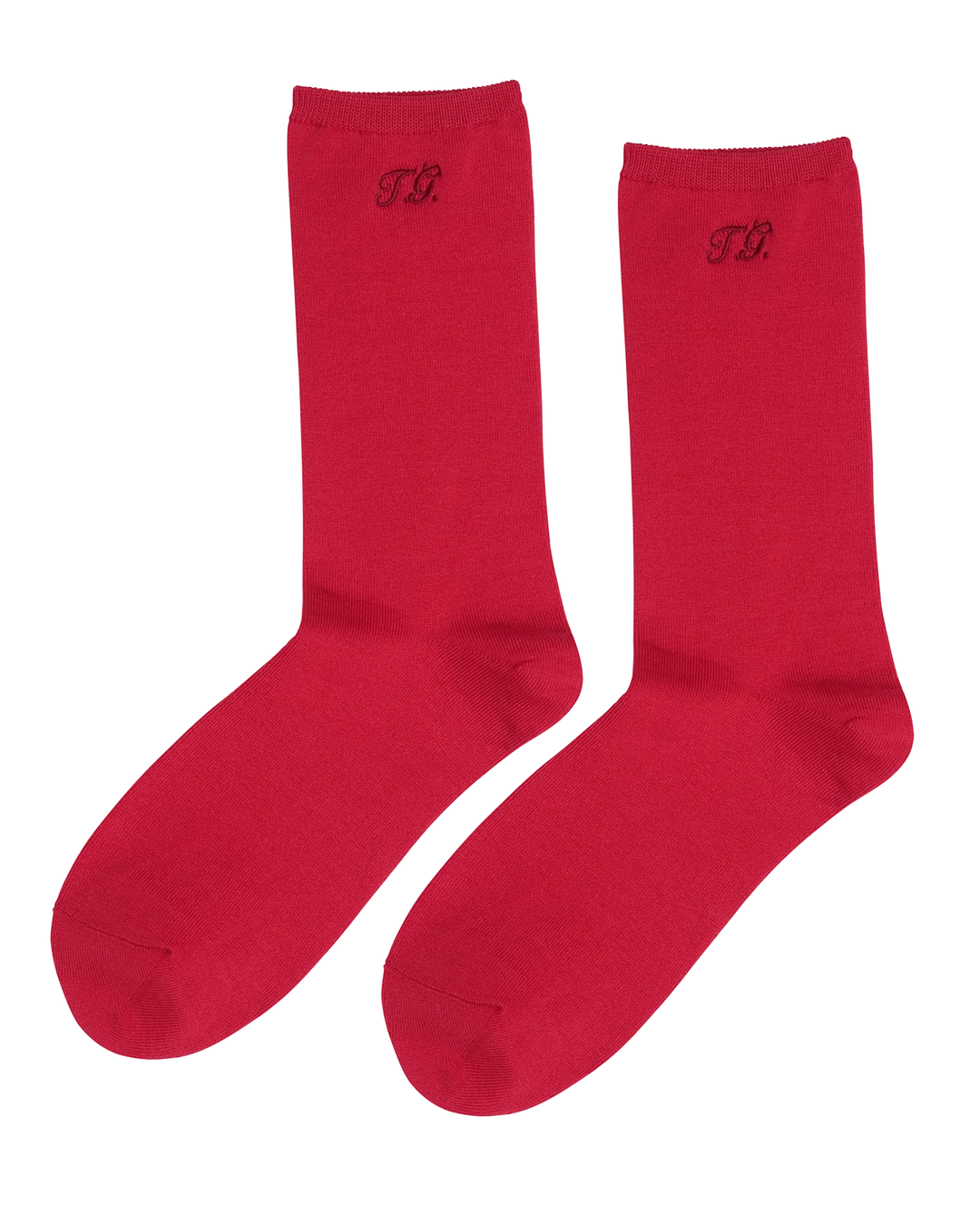 Red trouser sock with TR initials embroidered near the top by The Great Inc, poppy red, monogrammed style.