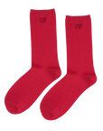 Red trouser sock with TR initials embroidered near the top by The Great Inc, poppy red, monogrammed style.