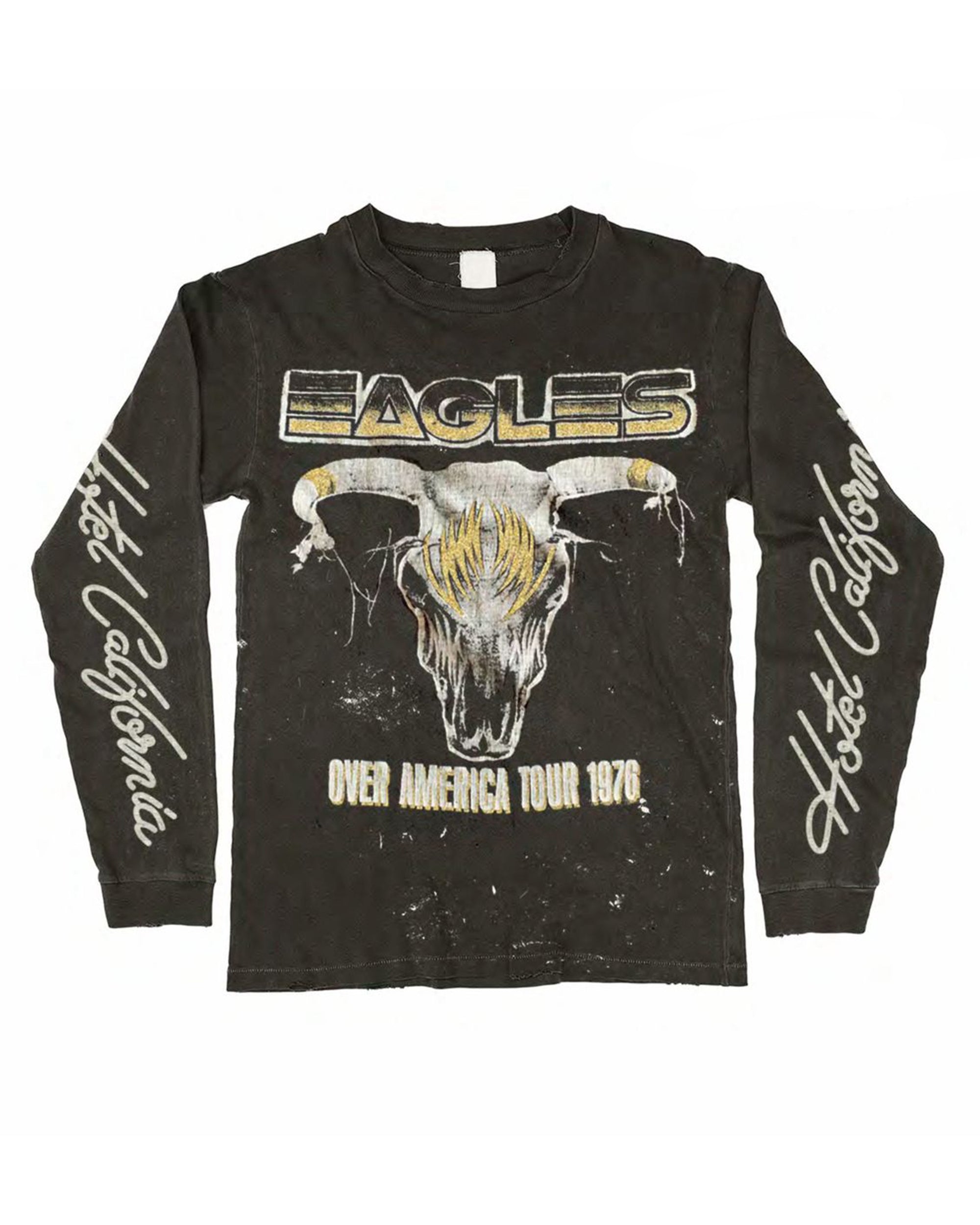 The Eagles Long Sleeve Shirt Coal by Made Worn features a black design with The Eagles' steer skull graphic and "EAGLES" on the front, "OVER AMERICA TOUR 1976" below, and "Hotel California" printed down both sleeves in white.