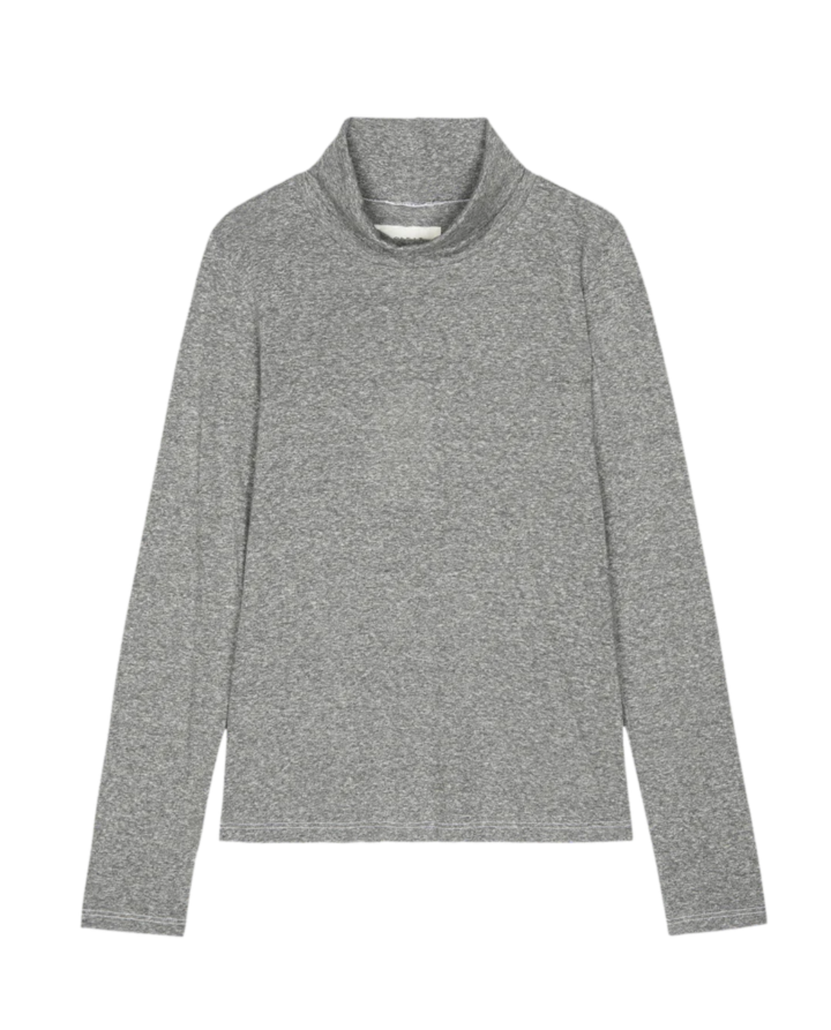 Heather grey women’s long sleeve turtleneck top by The Great Inc. ideal for layering, shown on a white background.