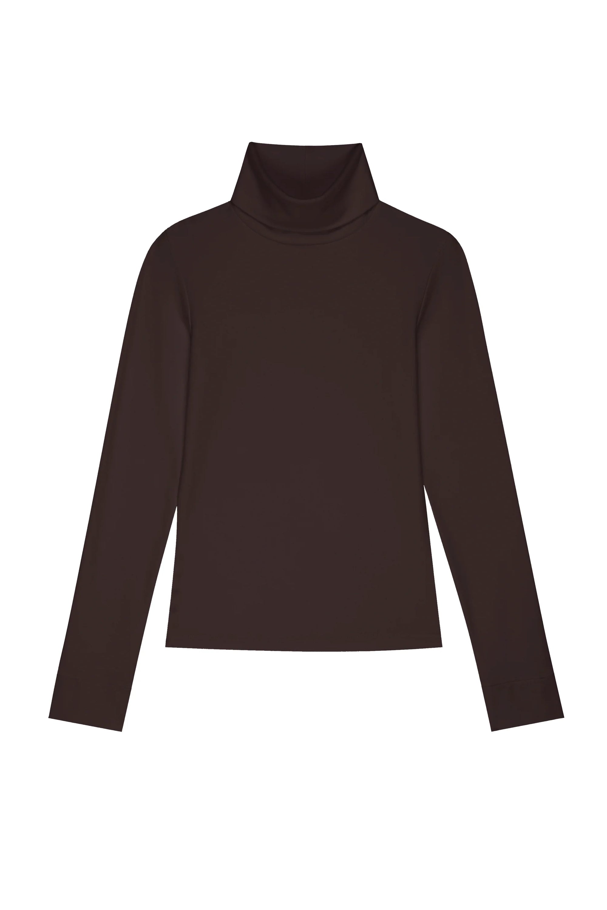 The Donni Baby Rib Turtleneck, a slim fit long-sleeve shirt in dark brown, is displayed on a white background.