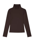The Donni Baby Rib Turtleneck, a slim fit long-sleeve shirt in dark brown, is displayed on a white background.