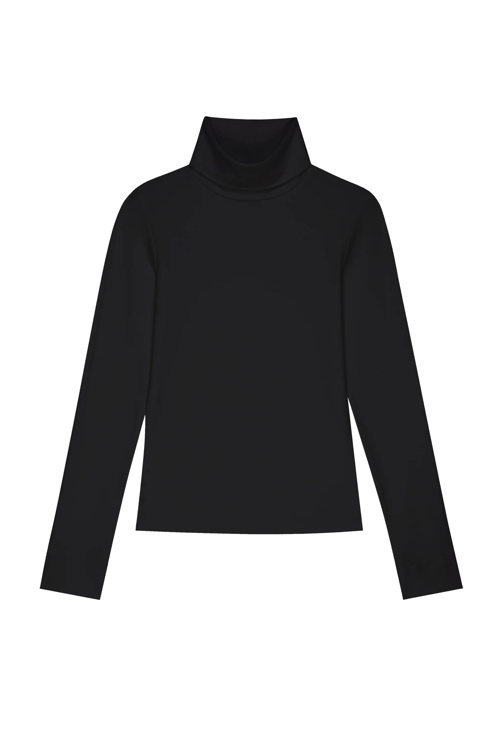 Donni’s The Baby Rib Turtleneck features a slim fit, long sleeves, and black baby rib fabric, shown against a white background.