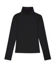 Donni’s The Baby Rib Turtleneck features a slim fit, long sleeves, and black baby rib fabric, shown against a white background.