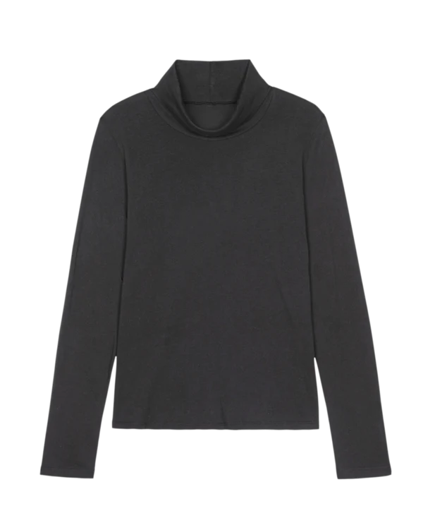 Black long-sleeve turtleneck in soft jersey knit, The Great Inc., Made in USA, shown flat on a white background.