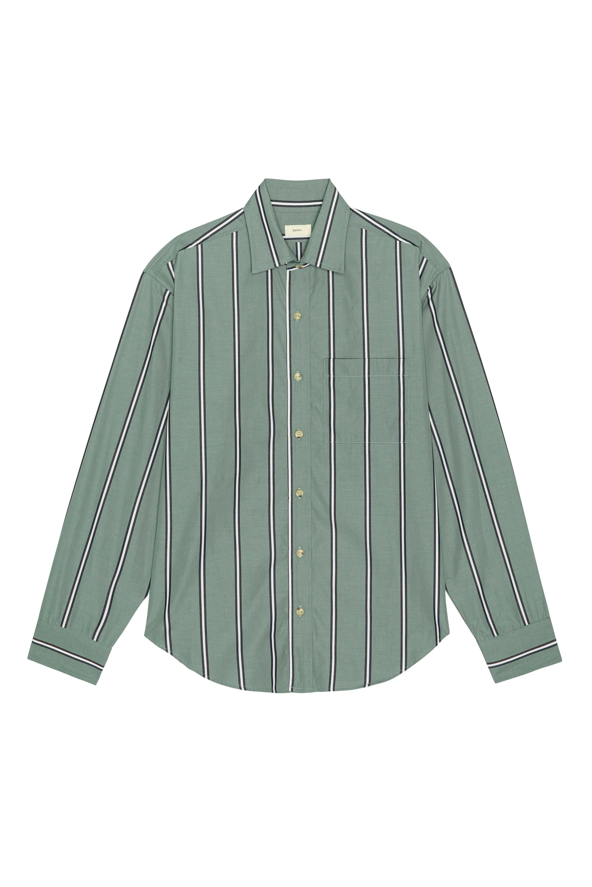 The Stripe Pop Shirt by Donni is a relaxed fit, long-sleeve sage green cotton poplin shirt with white and black stripes, a collar, chest pocket, and buttoned cuffs—ideal for vintage-inspired men's shirting style.