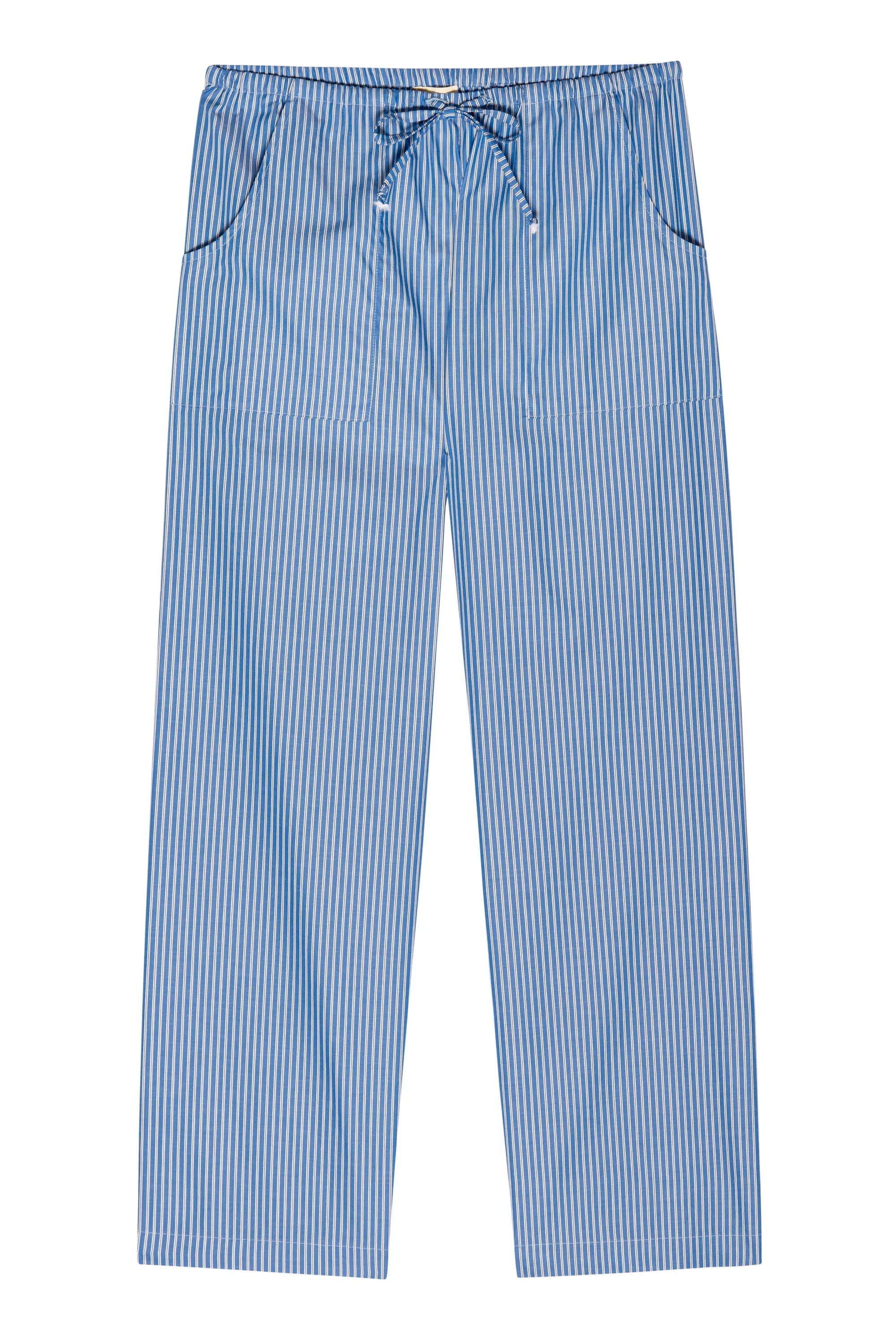 The Stripe Pop Drawstring Pant by Donni features blue and white vertical stripes, an elastic waistband with drawstring, two side pockets, and a comfortable cropped fit, shown laid flat on a white background.