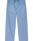 The Stripe Pop Drawstring Pant by Donni features blue and white vertical stripes, an elastic waistband with drawstring, two side pockets, and a comfortable cropped fit, shown laid flat on a white background.
