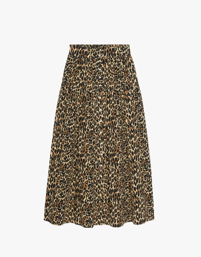 Tan leopard print knee-length, high-waisted skirt by The Great Inc., Highland Skirt style at Bungalow Furniture.
