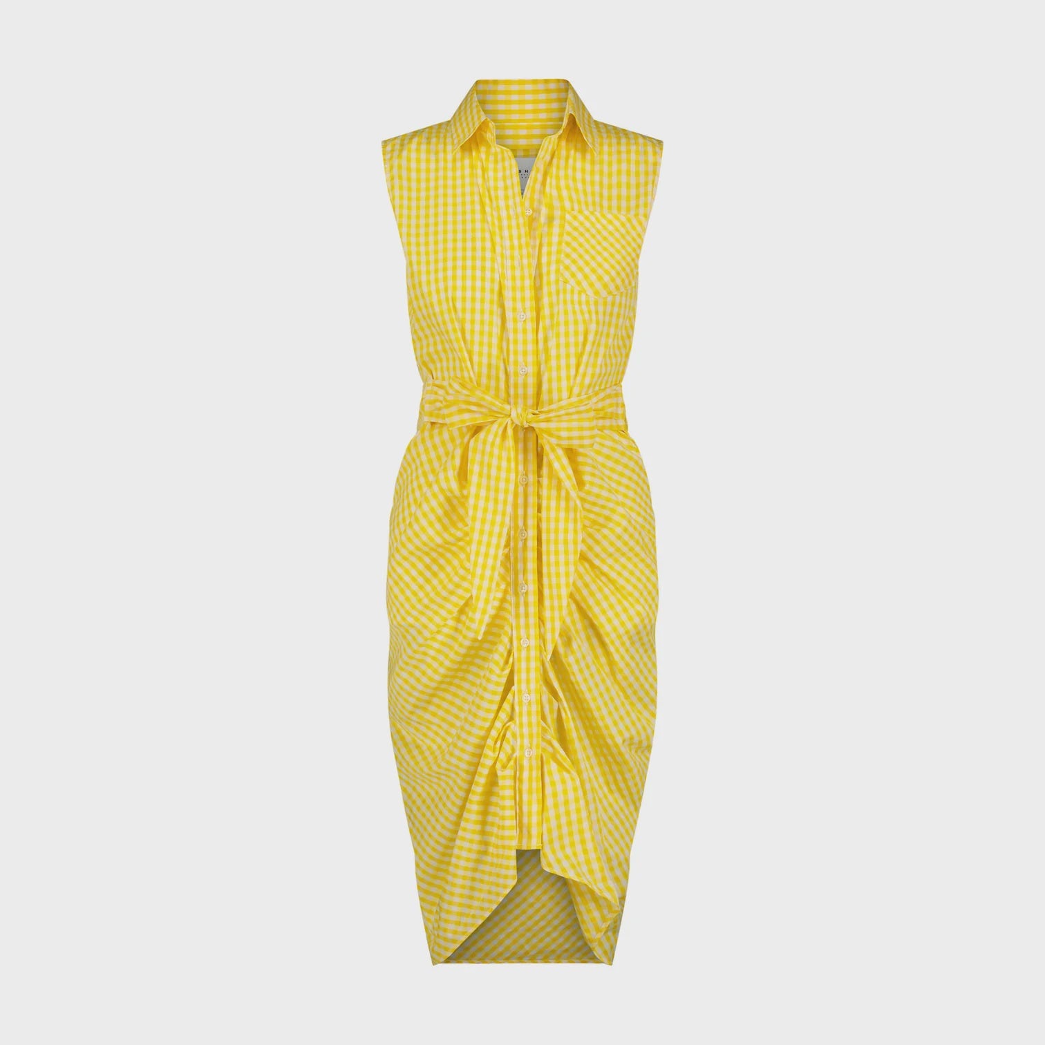 The Sleeveless Wrap Front Dress by THE SHIRT is a yellow gingham, sleeveless dress with a collared neckline, No Gape button technology, tie waist, and a draped asymmetrical hem.