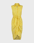 The Sleeveless Wrap Front Dress by THE SHIRT is a yellow gingham, sleeveless dress with a collared neckline, No Gape button technology, tie waist, and a draped asymmetrical hem.