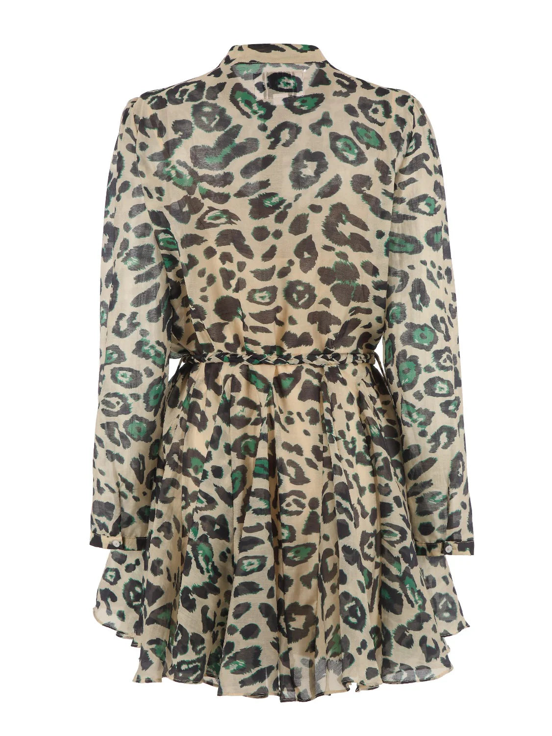 The Jenica Dress by THE SHIRT is a long-sleeved, knee-length shirtdress with a flared skirt, green and brown leopard print, and a braided rope belt at the waist.