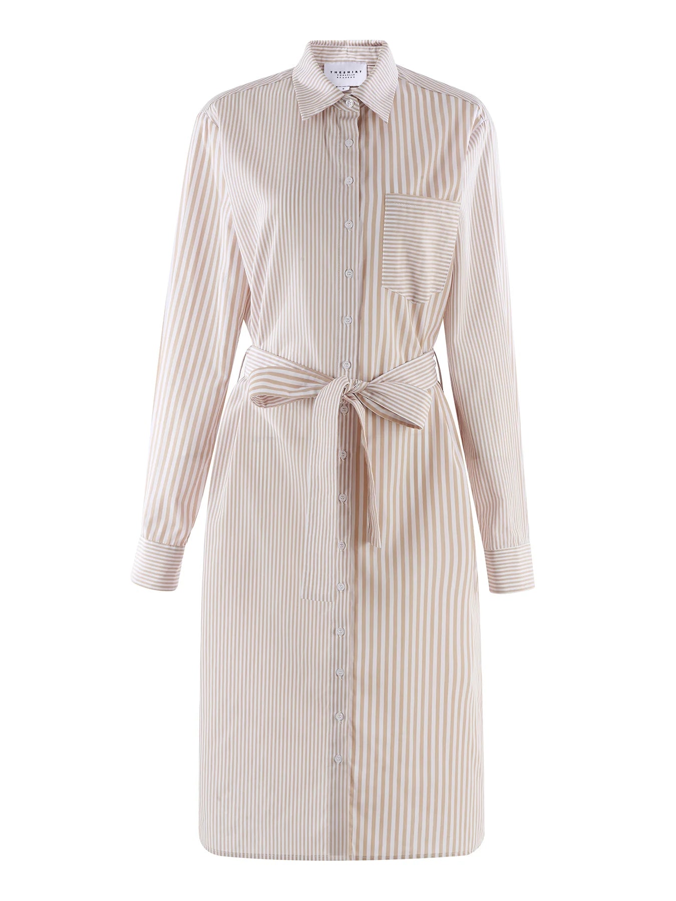 The LS Midi Dress by THE SHIRT features beige and white vertical stripes, long sleeves, a collar, front buttons, chest pocket, tie waist belt, and elegant midi length for a classic look.
