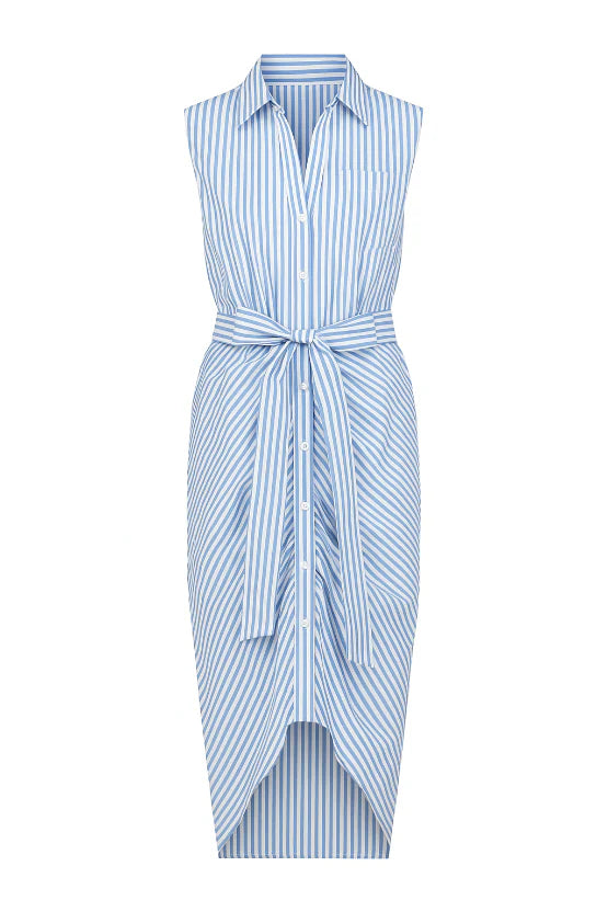 The Sleeveless Wrap Front Dress by THE SHIRT features a sleeveless design, blue and white vertical stripes, a collar, No Gape button, button-down front, waist tie, and a curved hemline inspired by Rochelle Behrens.