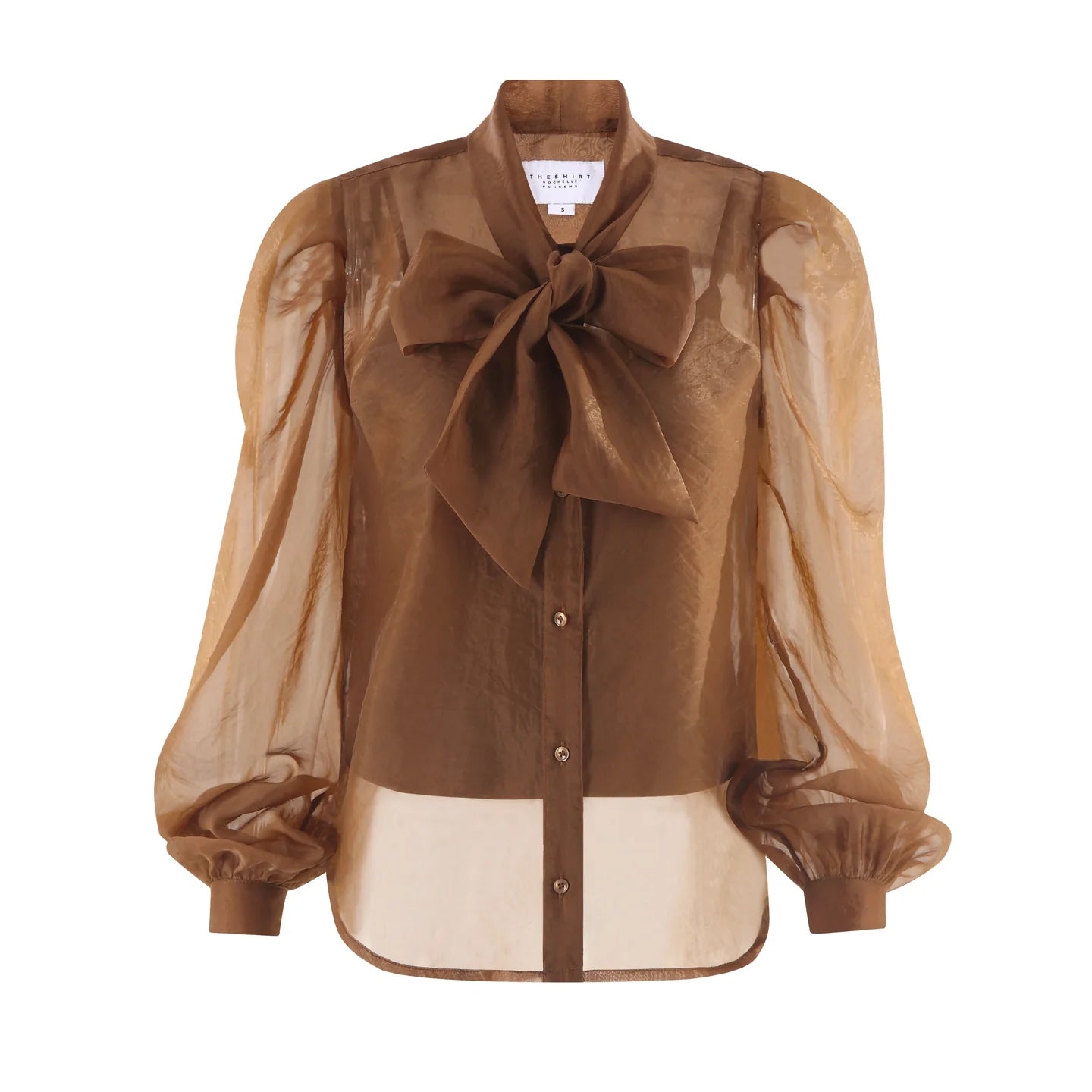 Sheer brown organza blouse with puffed sleeves and bow collar by THE SHIRT, LS French Bow Shirt.