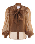Sheer brown organza blouse with puffed sleeves and bow collar by THE SHIRT, LS French Bow Shirt.