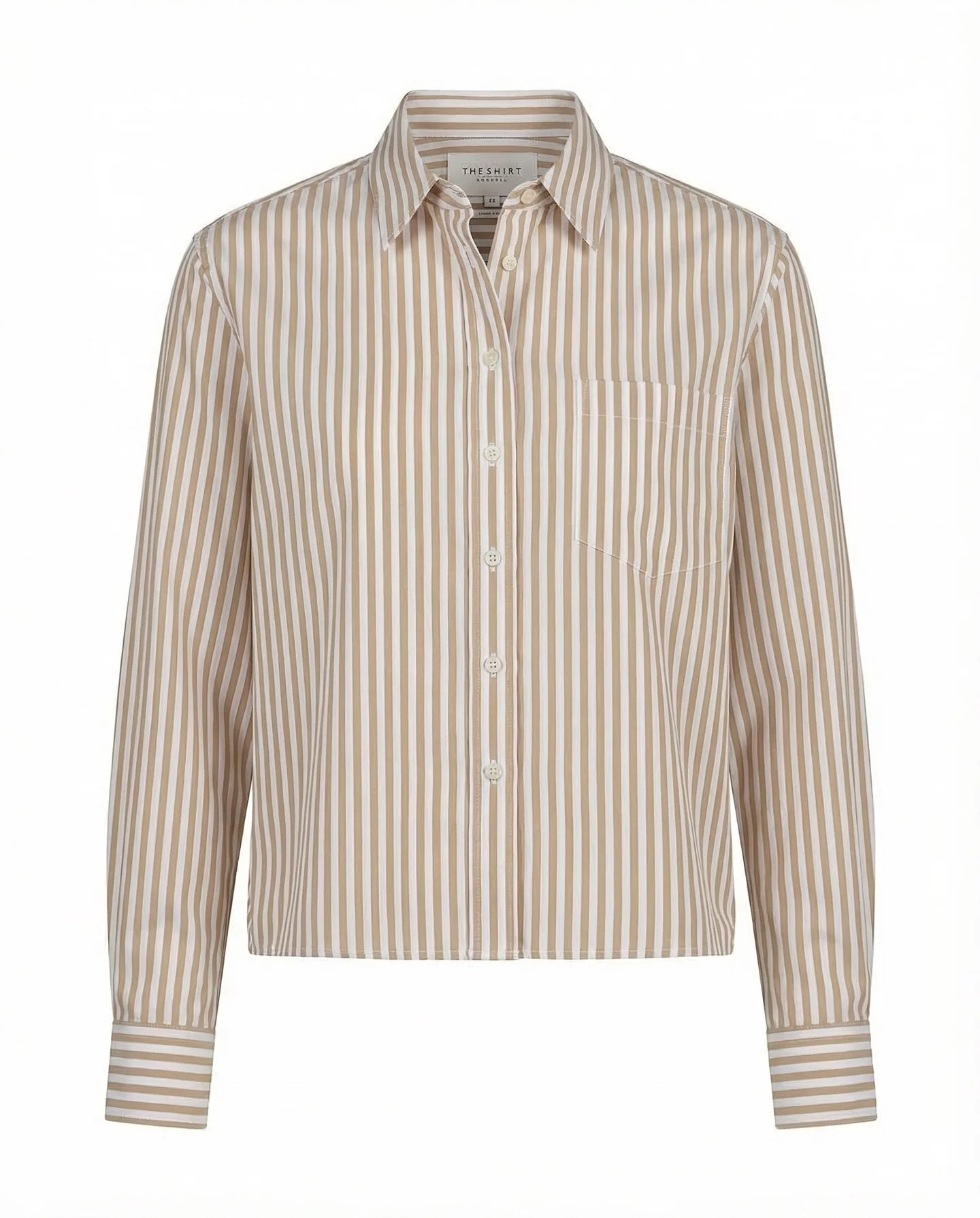 Beige and white striped collared button-up shirt with chest pocket by THE SHIRT, long sleeves, boxy crop fit.