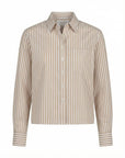 Beige and white striped collared button-up shirt with chest pocket by THE SHIRT, long sleeves, boxy crop fit.