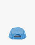 The Trucker Hat Les Sardines by Clare Vivier, featuring a blue mesh design with an adjustable snapback closure and holes, is shown from the back against a plain white background.