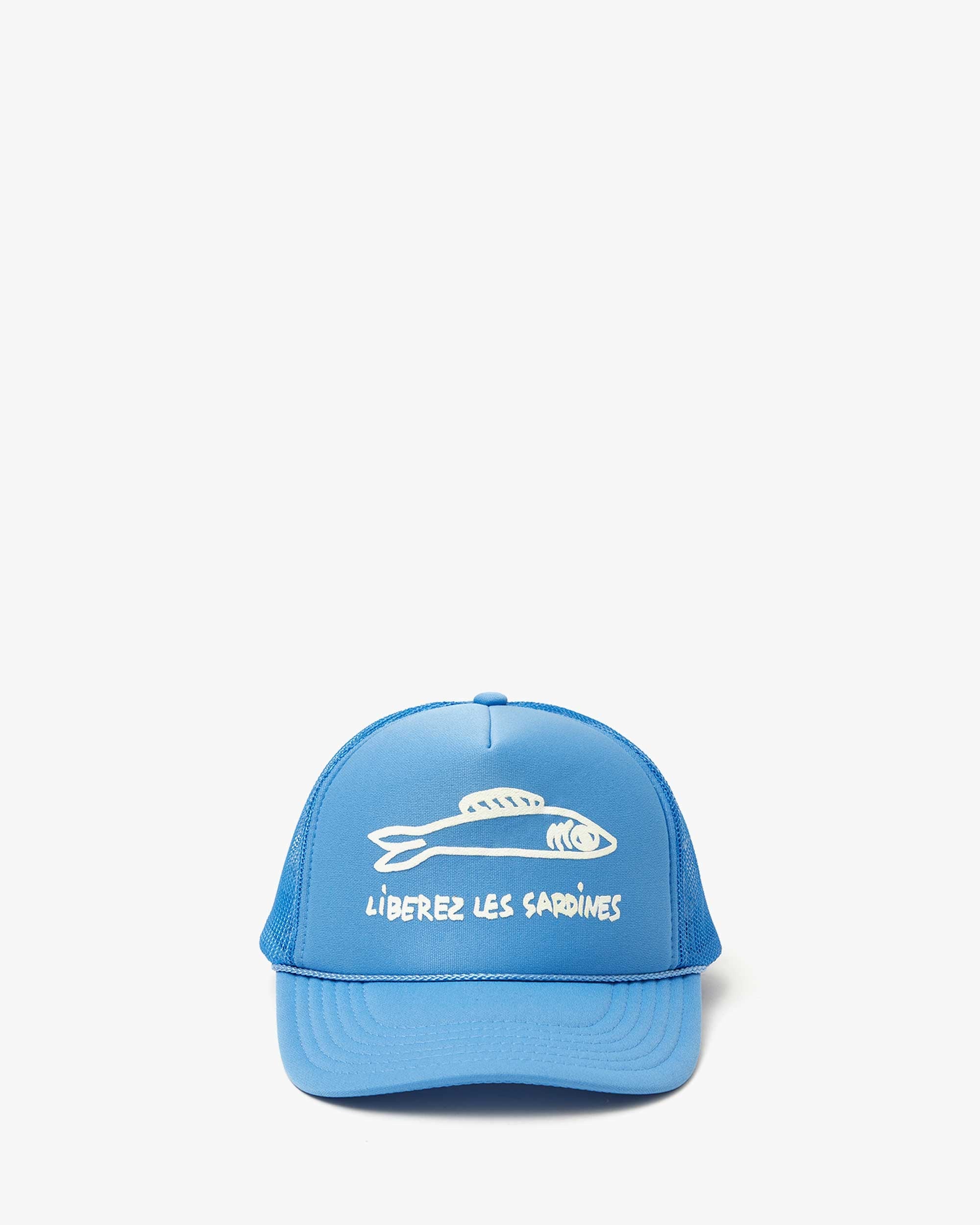 The Clare Vivier Trucker Hat Les Sardines features a blue design with a white fish illustration and "Libérez les sardines" text on the front. It has an adjustable closure, mesh back for comfort, sun protection, and is an ideal conversation starter for outdoor enthusiasts.